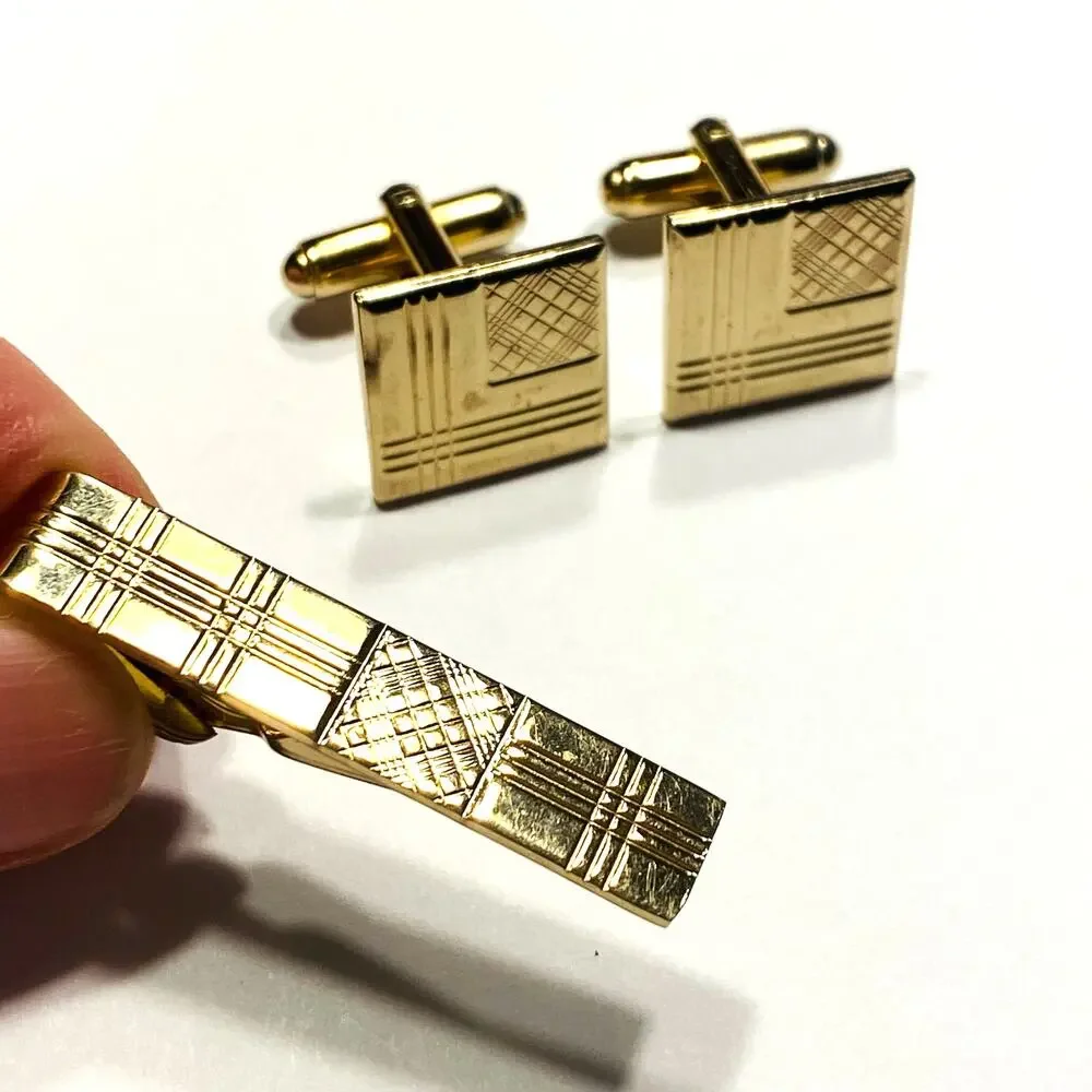 Vintage Mid Century Men’s jewelry Set Cufflinks & Tie Bar Gold Geometric Squares